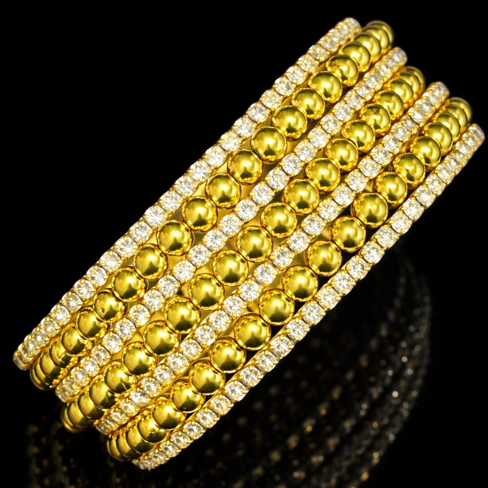 Crystal rhinestone CZ statement gold ball flex cuff bangle statement bracelet